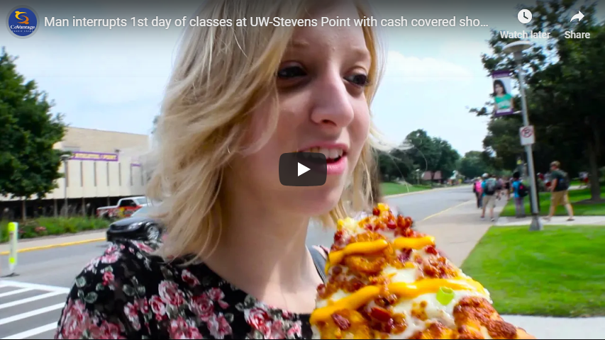 Happy Dave interrupts 1st day of classes at UW-Stevens Point with cash covered shoes.